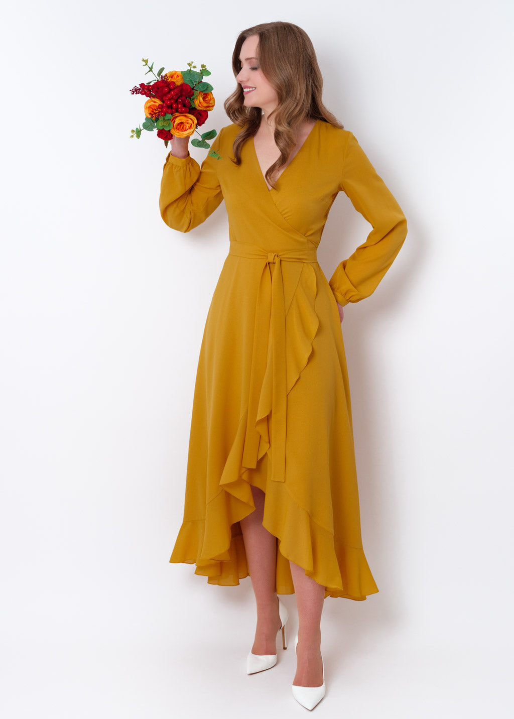 Gold chiffon wrap dress
