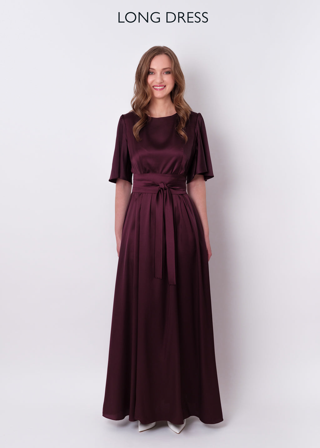 Dark burgundy slit silk dress with belt