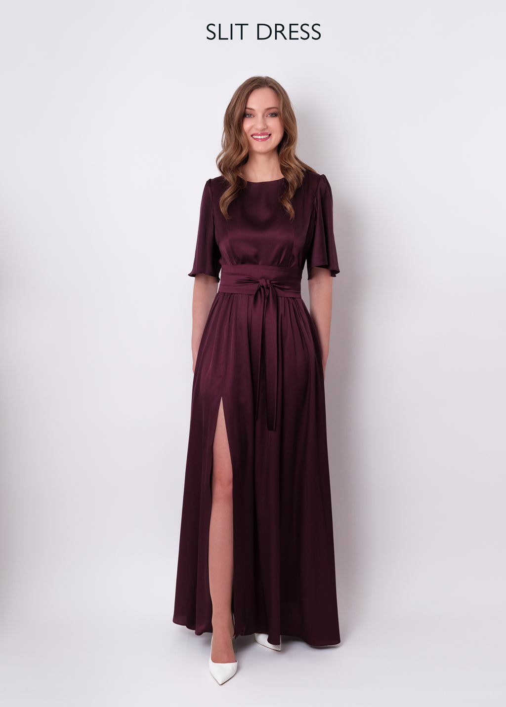 Dark burgundy slit silk dress with belt