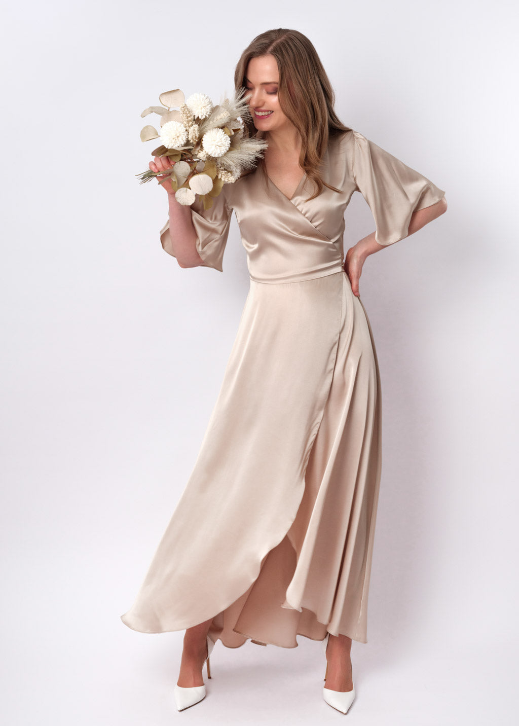 Champagne beige silk long wrap dress