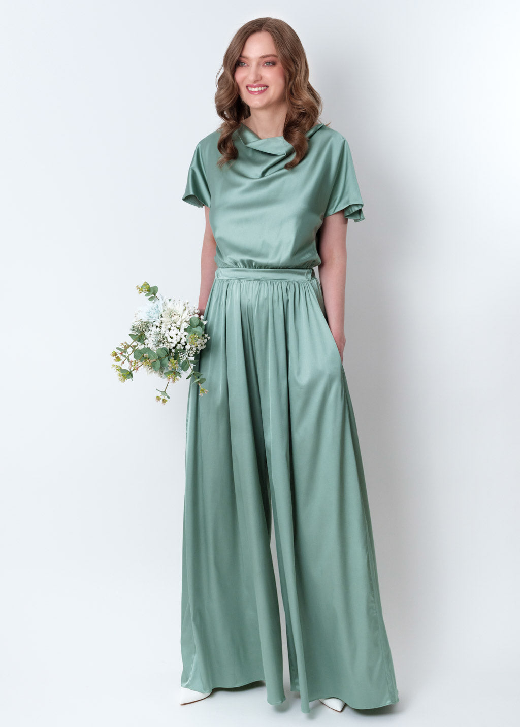 Sage green silk jumpsuit
