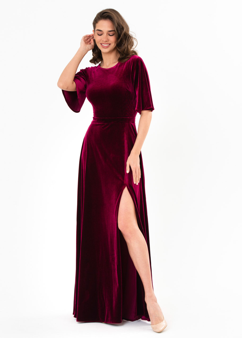 Plum burgundy velvet slit dress