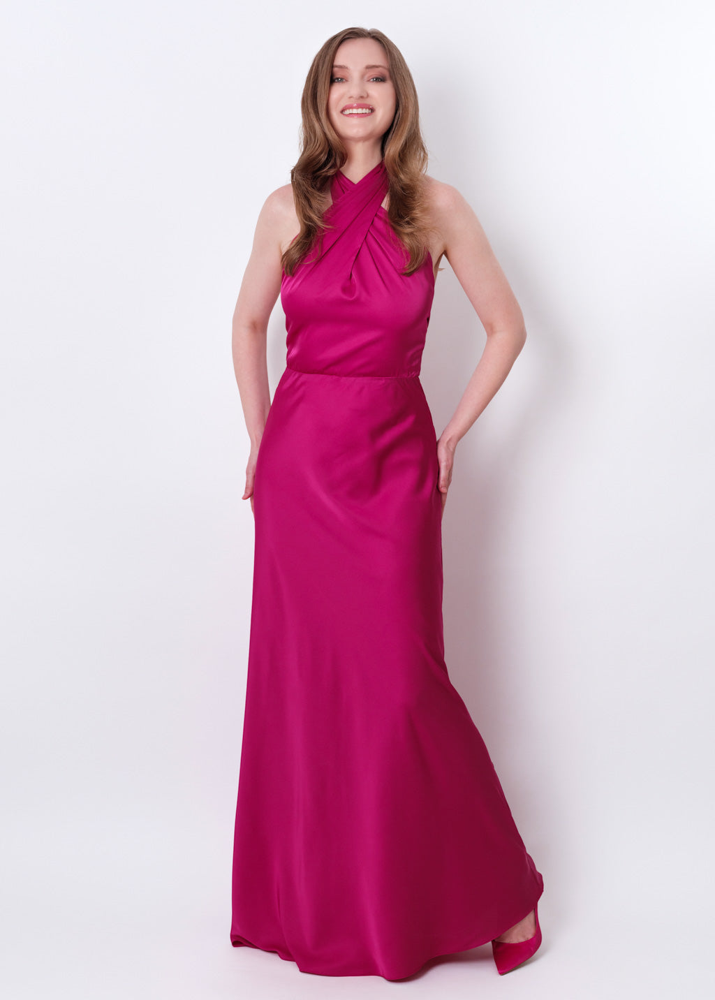 Fuchsia silk long halter dress