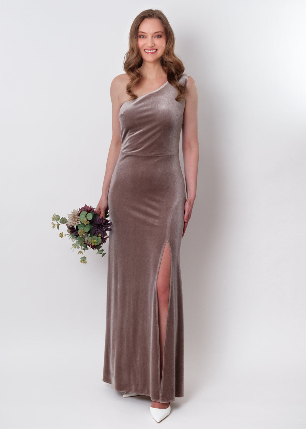Taupe velvet one shoulder slit dress