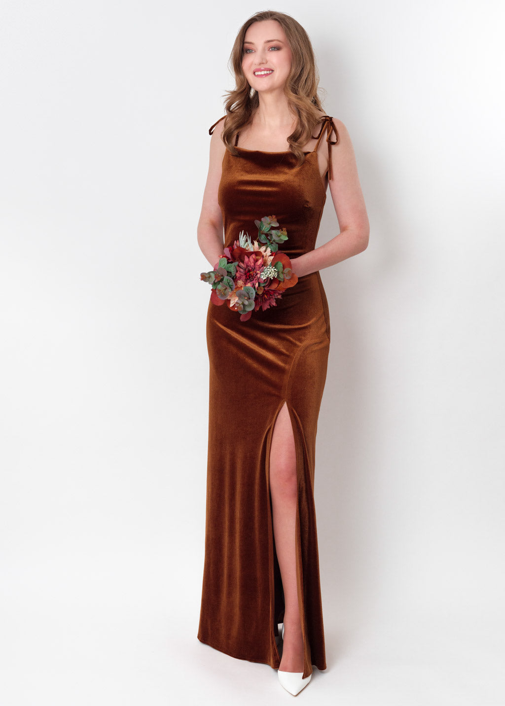 Rust gold slip slit velvet bodycon long dress