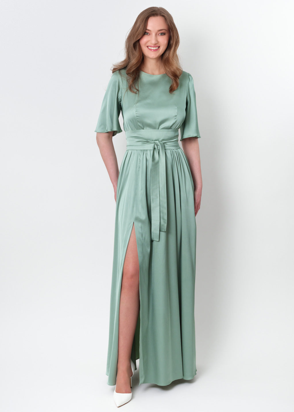 Sage green  silk dress with belt