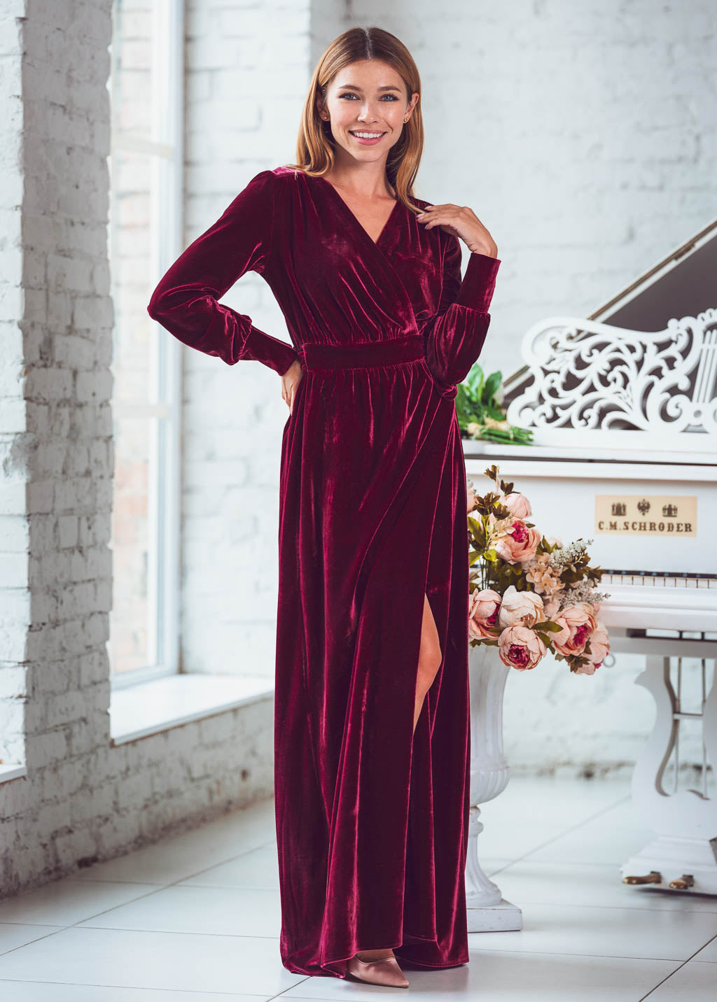Burgundy long wrap velvet robe
