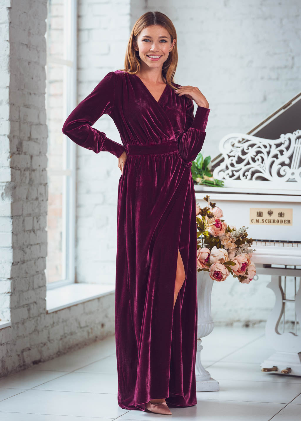 Plum burgundy long wrap velvet robe