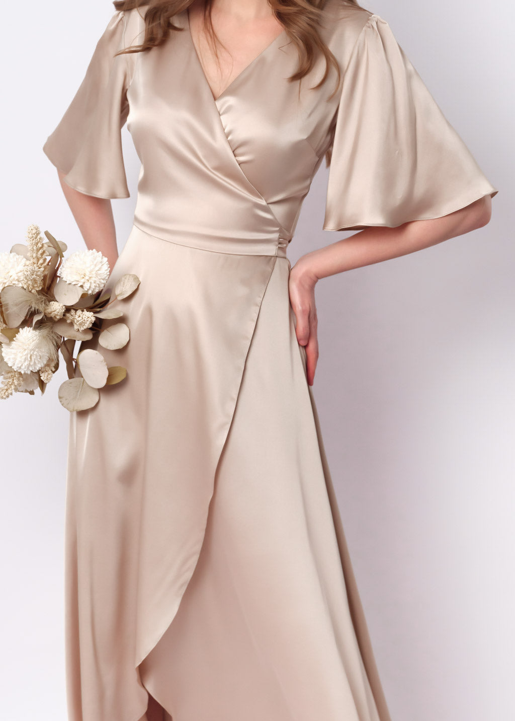 Champagne beige silk long wrap dress