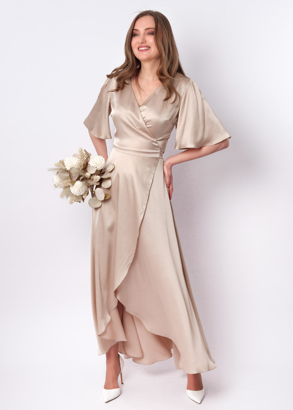 Champagne beige silk long wrap dress