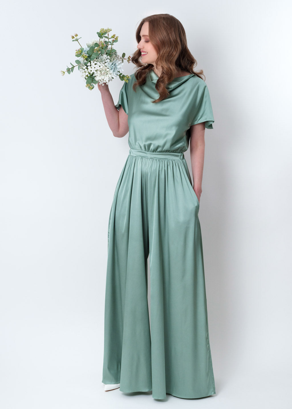 Sage green silk jumpsuit