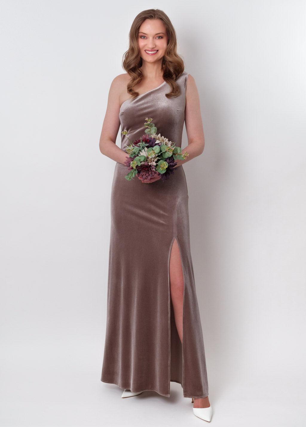 Taupe velvet one shoulder slit dress