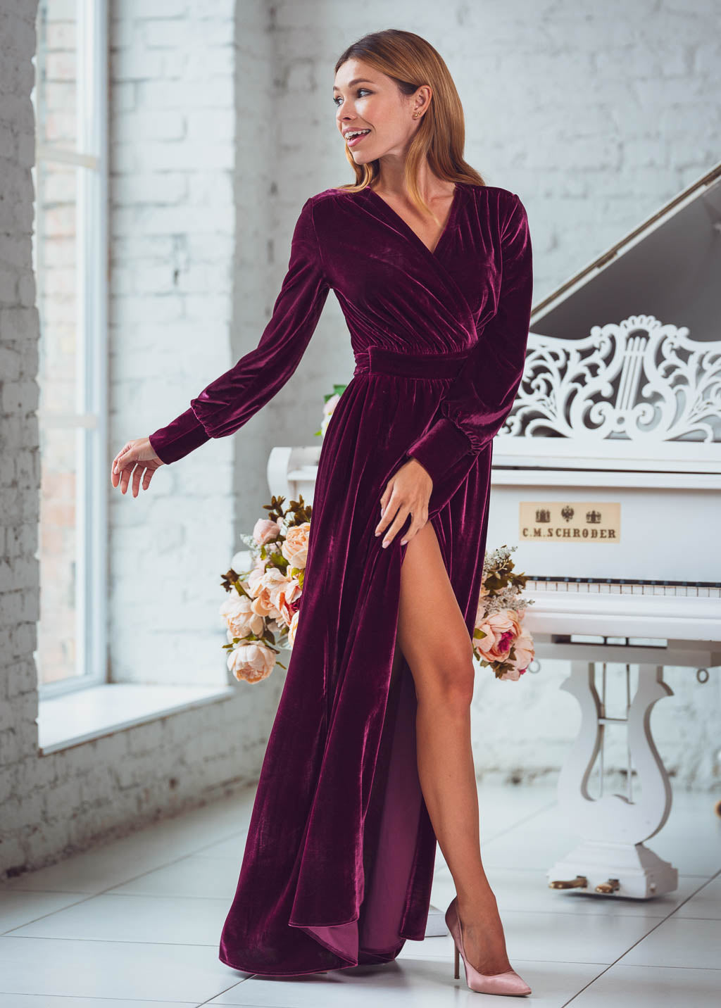 Plum burgundy long wrap velvet robe