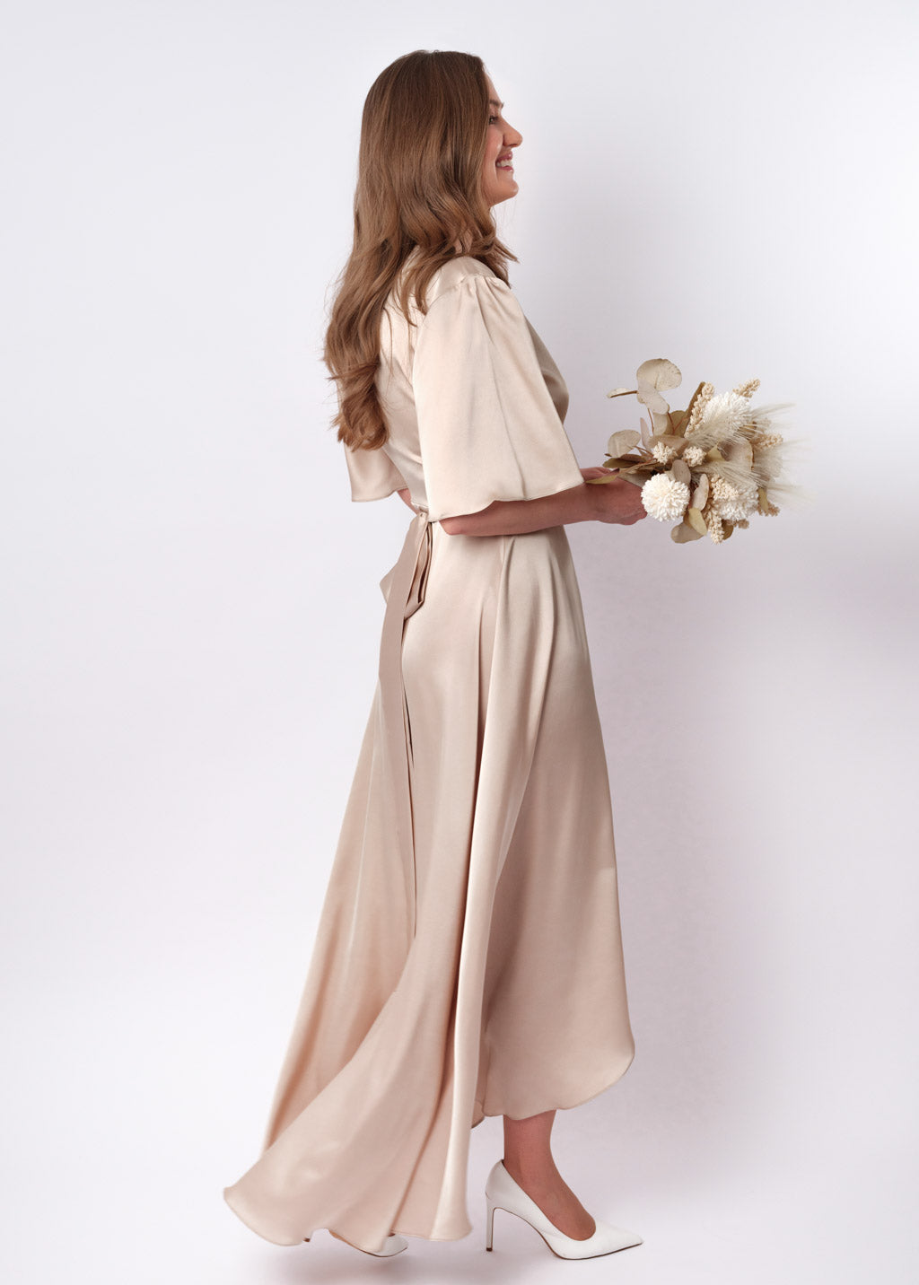 Champagne beige silk long wrap dress