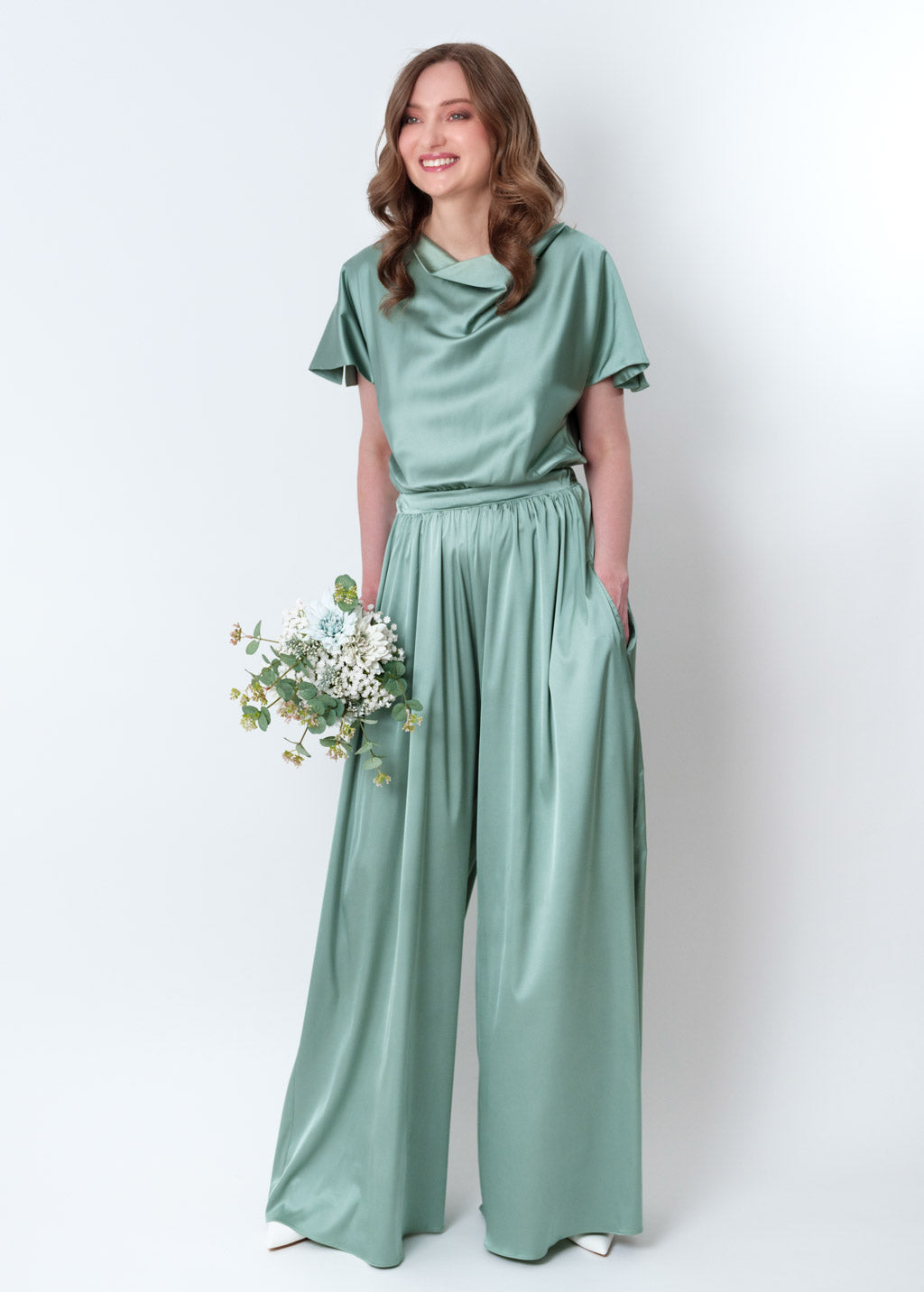 Sage green silk jumpsuit