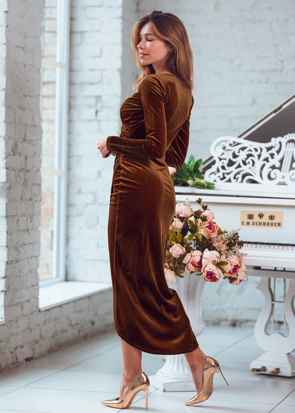 Rust gold long wrap bodycon dress