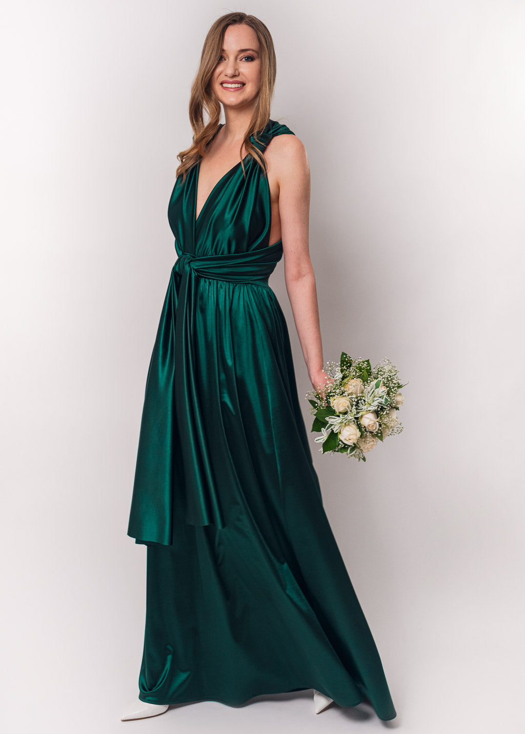 Dark green luxury satin infinity dress or jumpsuit