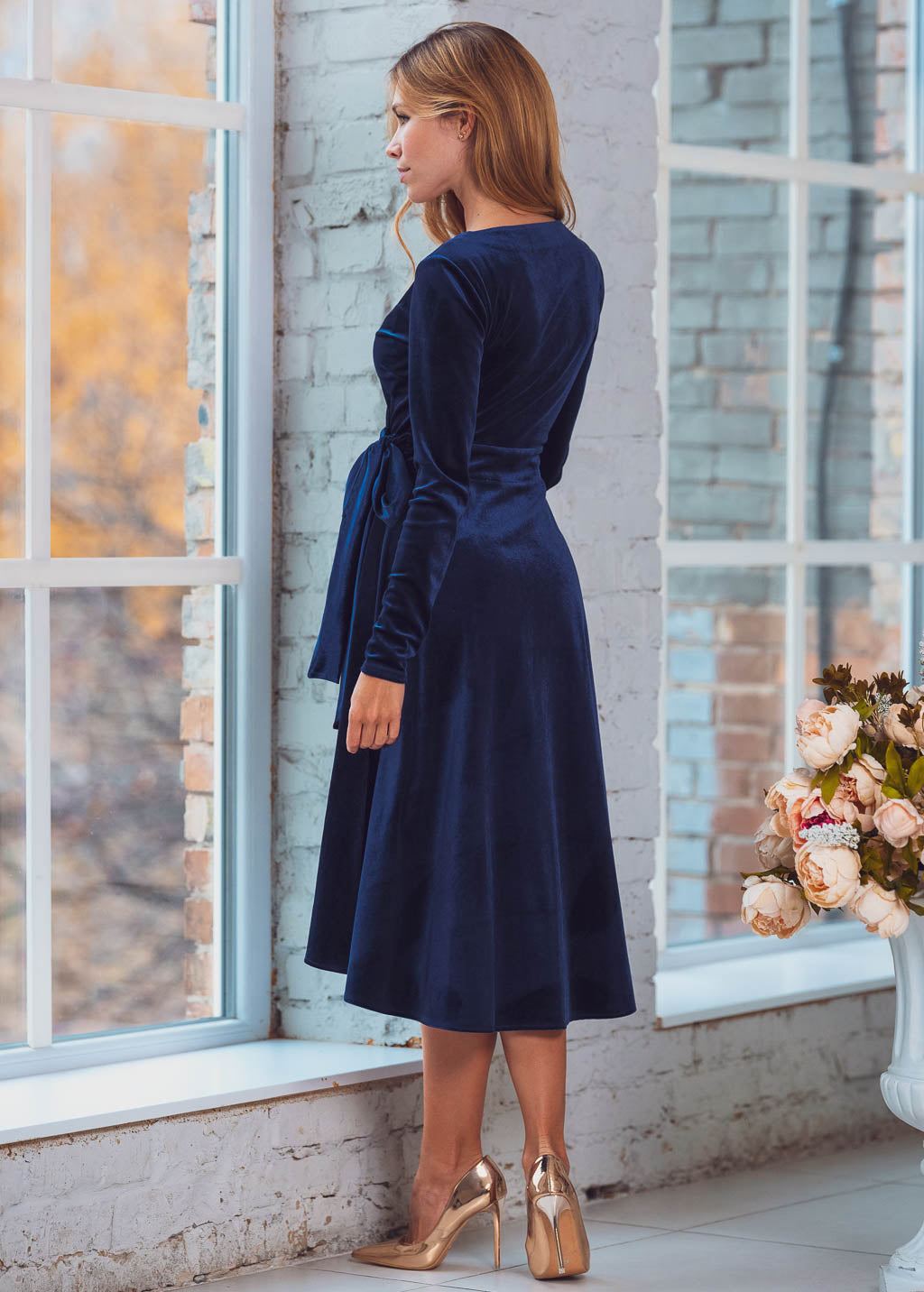 Navy blue wrap velvet dress