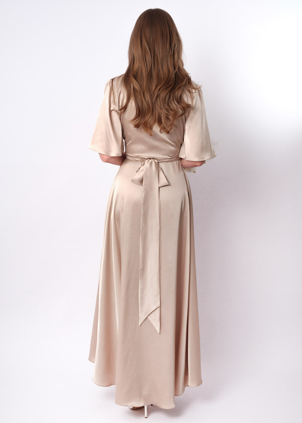 Champagne beige silk long wrap dress