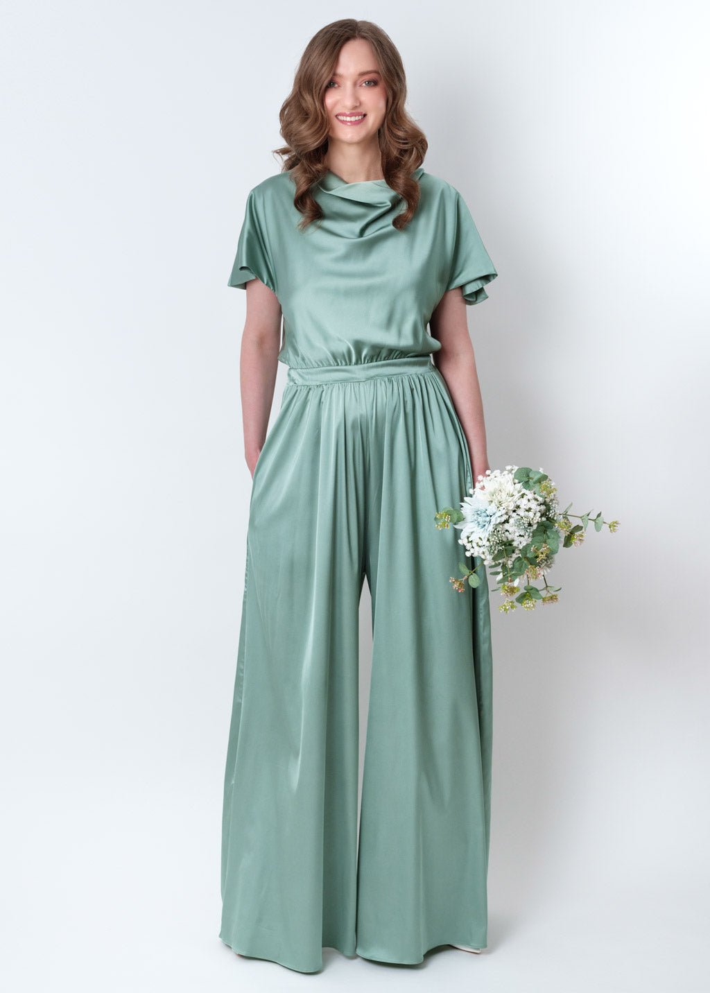 Sage green silk jumpsuit