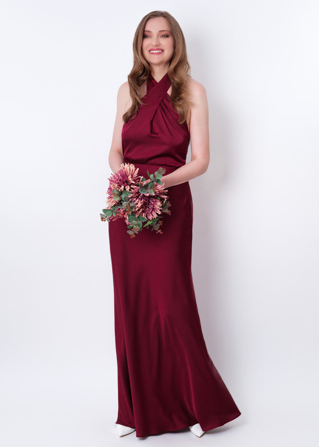 Burgundy silk long halter dress