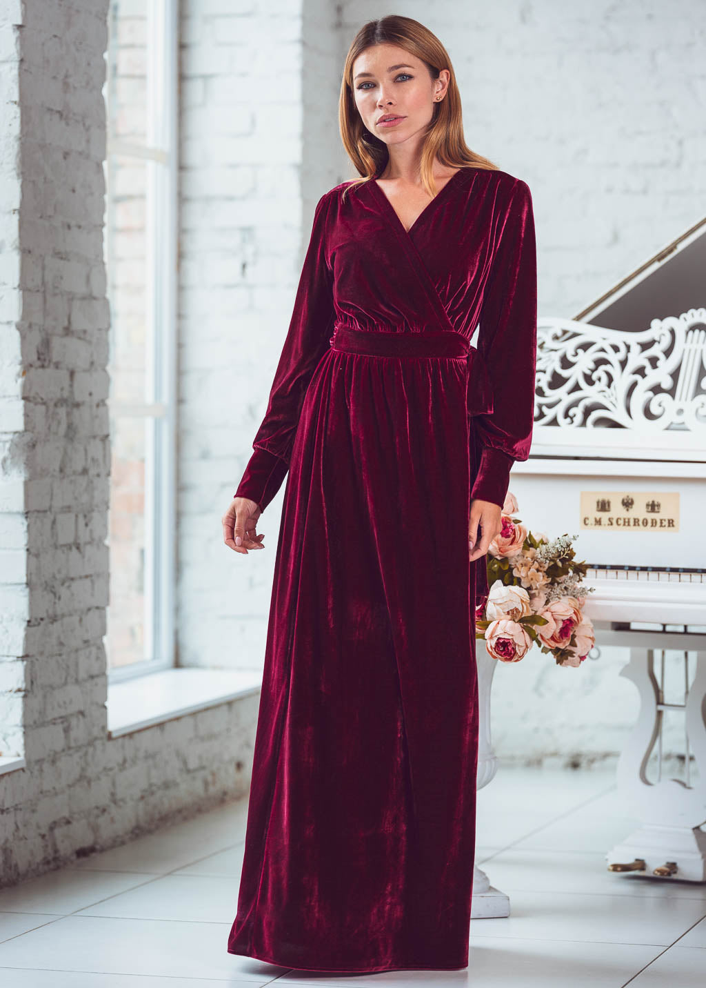 Burgundy long wrap dress