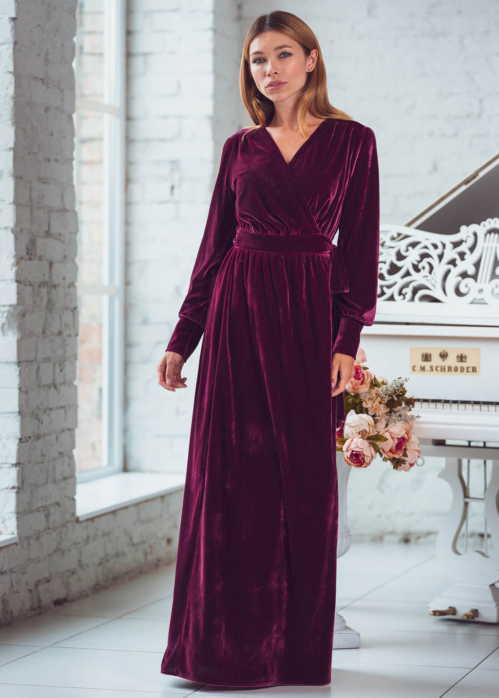 Plum burgundy long wrap dress