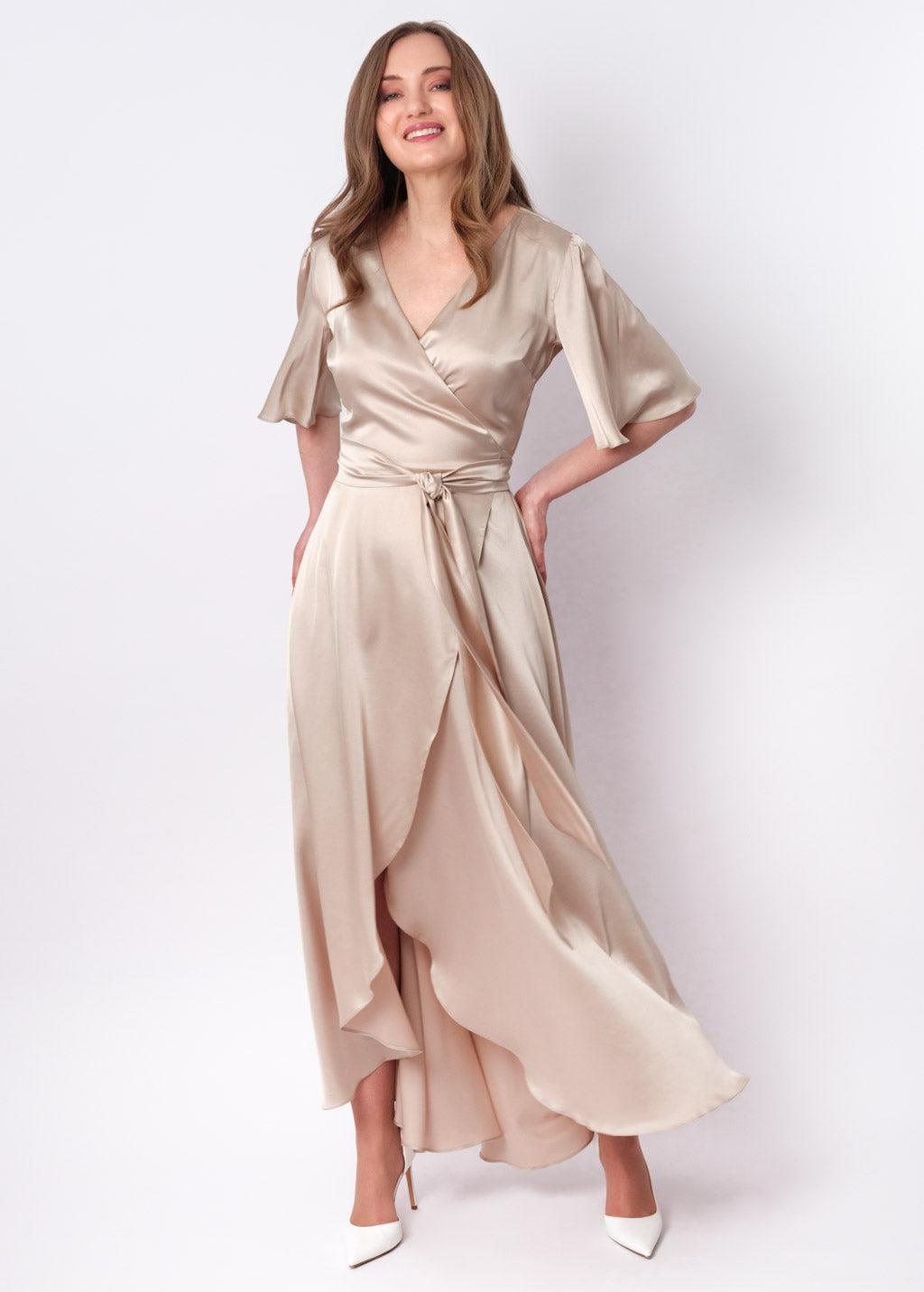 Champagne beige silk long wrap dress