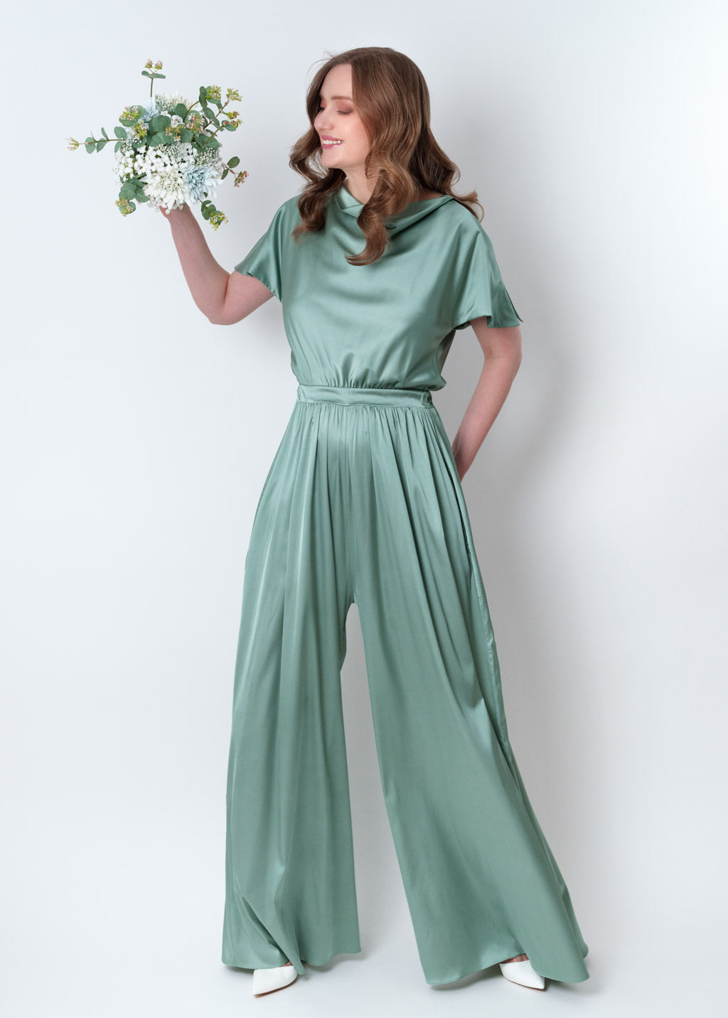 Sage green silk jumpsuit