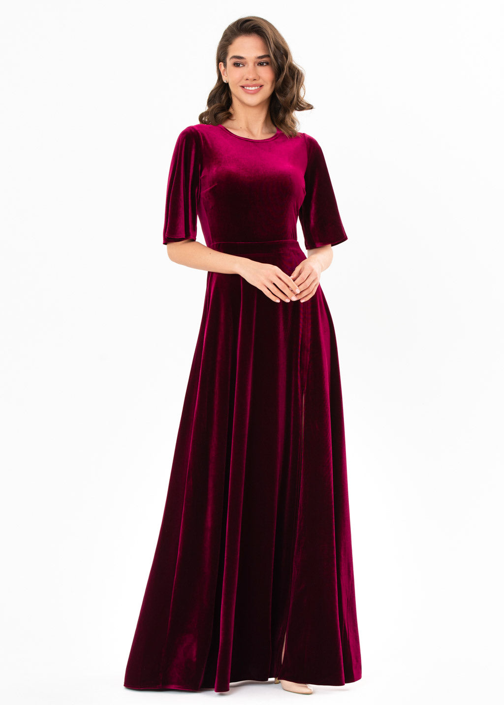 Plum burgundy velvet slit dress