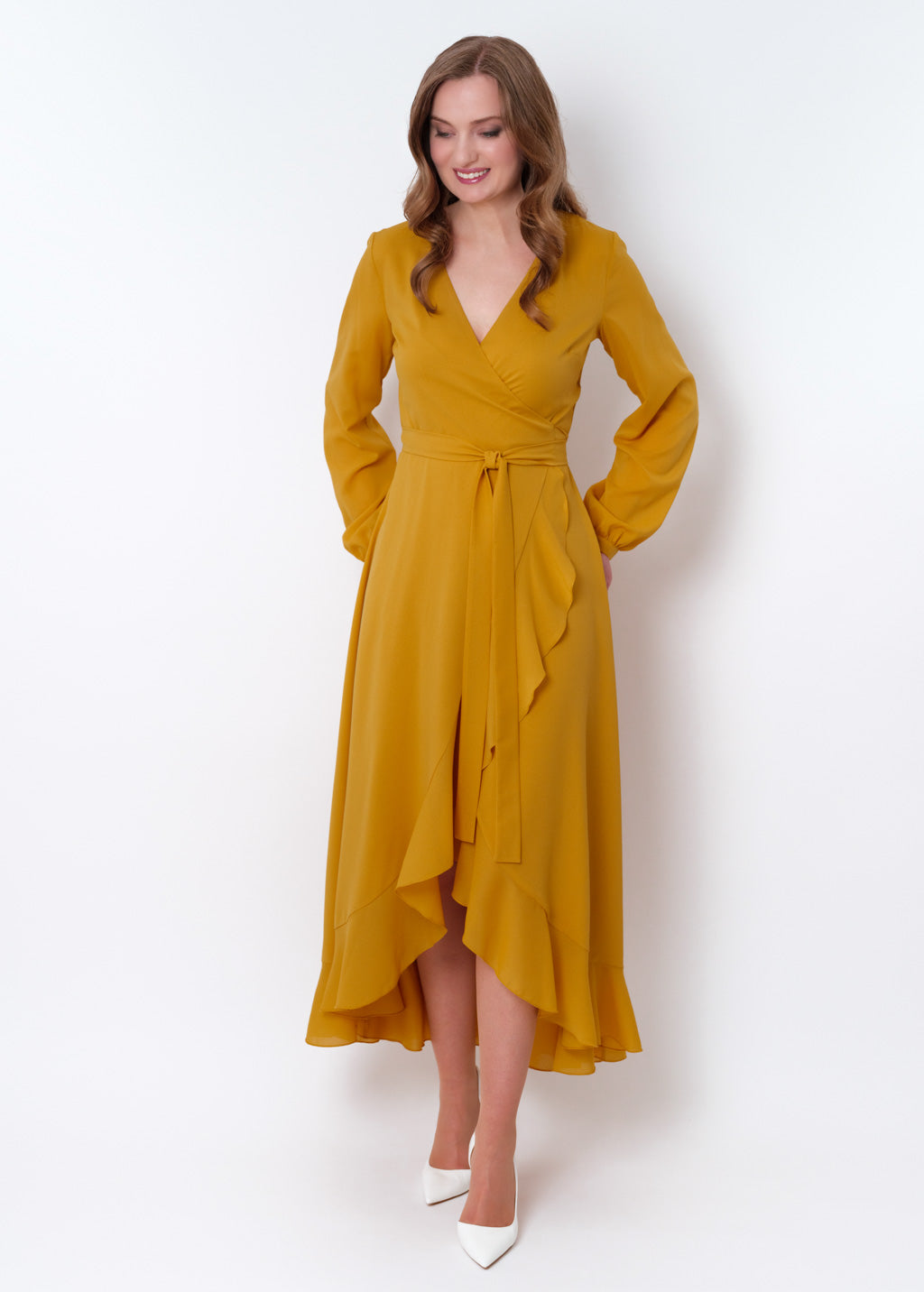 Gold chiffon wrap dress