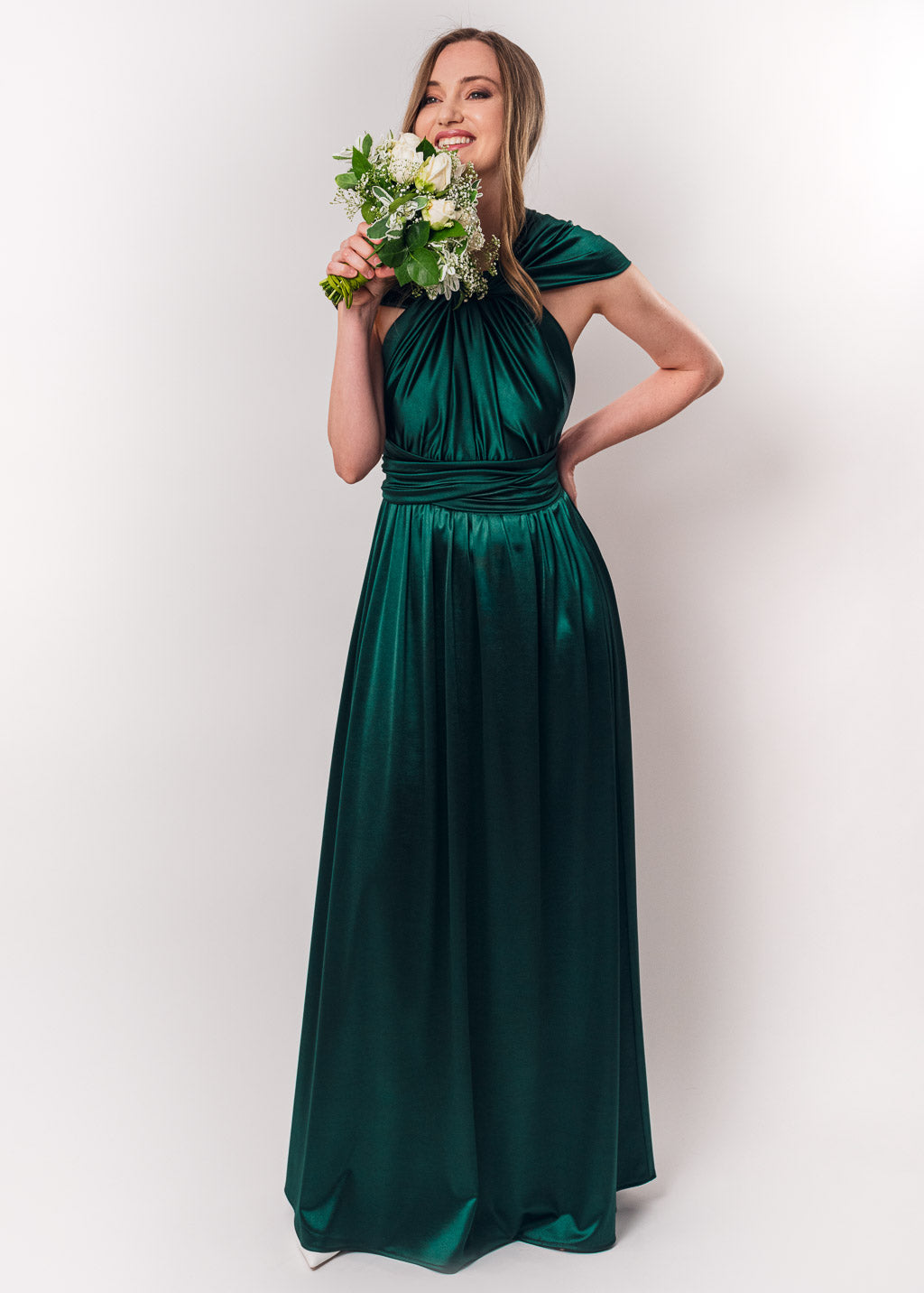 Dark green luxury satin infinity dress or jumpsuit