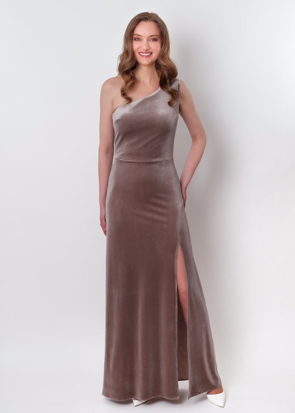 Taupe velvet one shoulder slit dress
