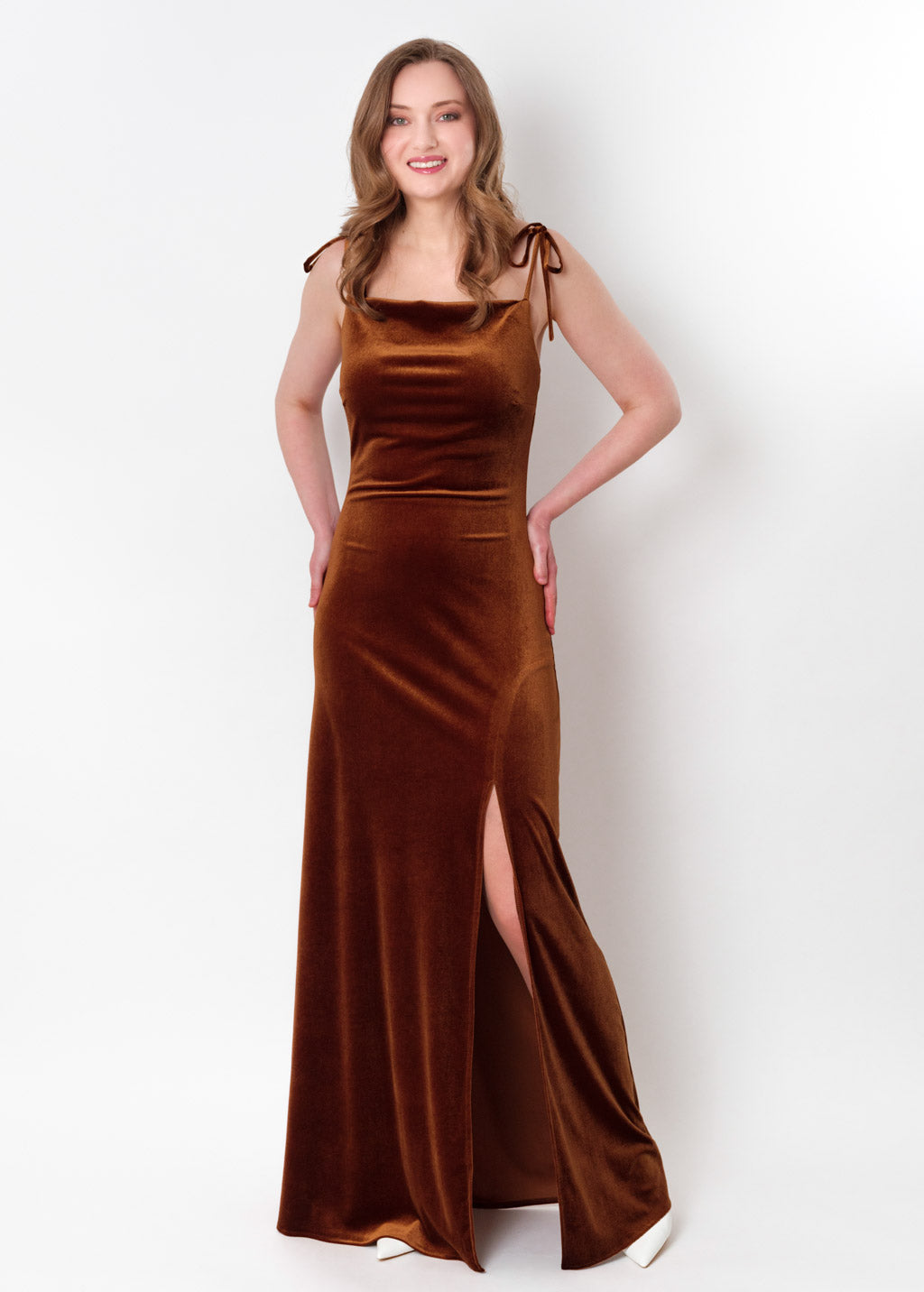 Rust gold slip slit velvet bodycon long dress