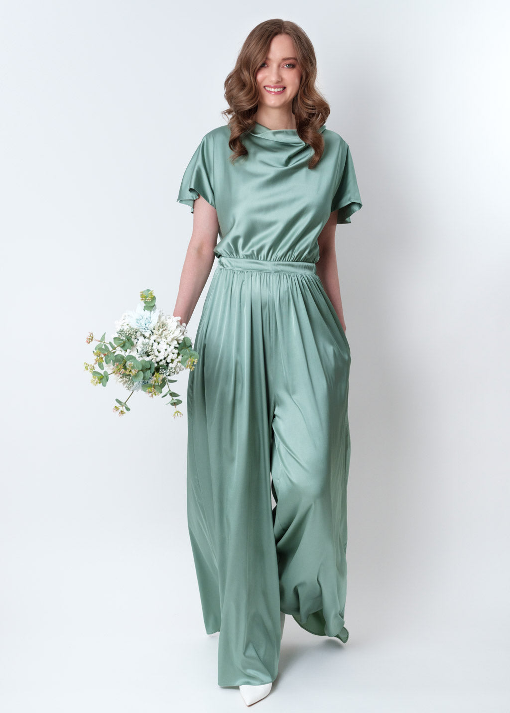 Sage green silk jumpsuit