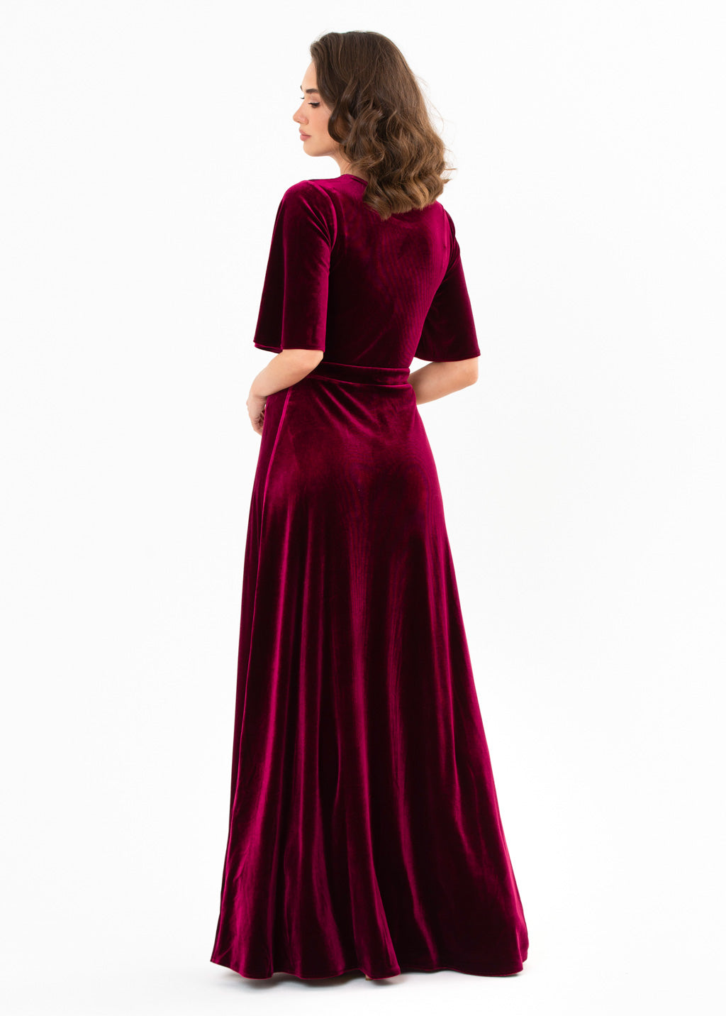 Plum burgundy velvet slit dress
