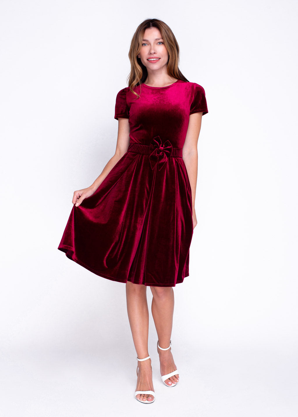 Burgundy velvet dress with belt