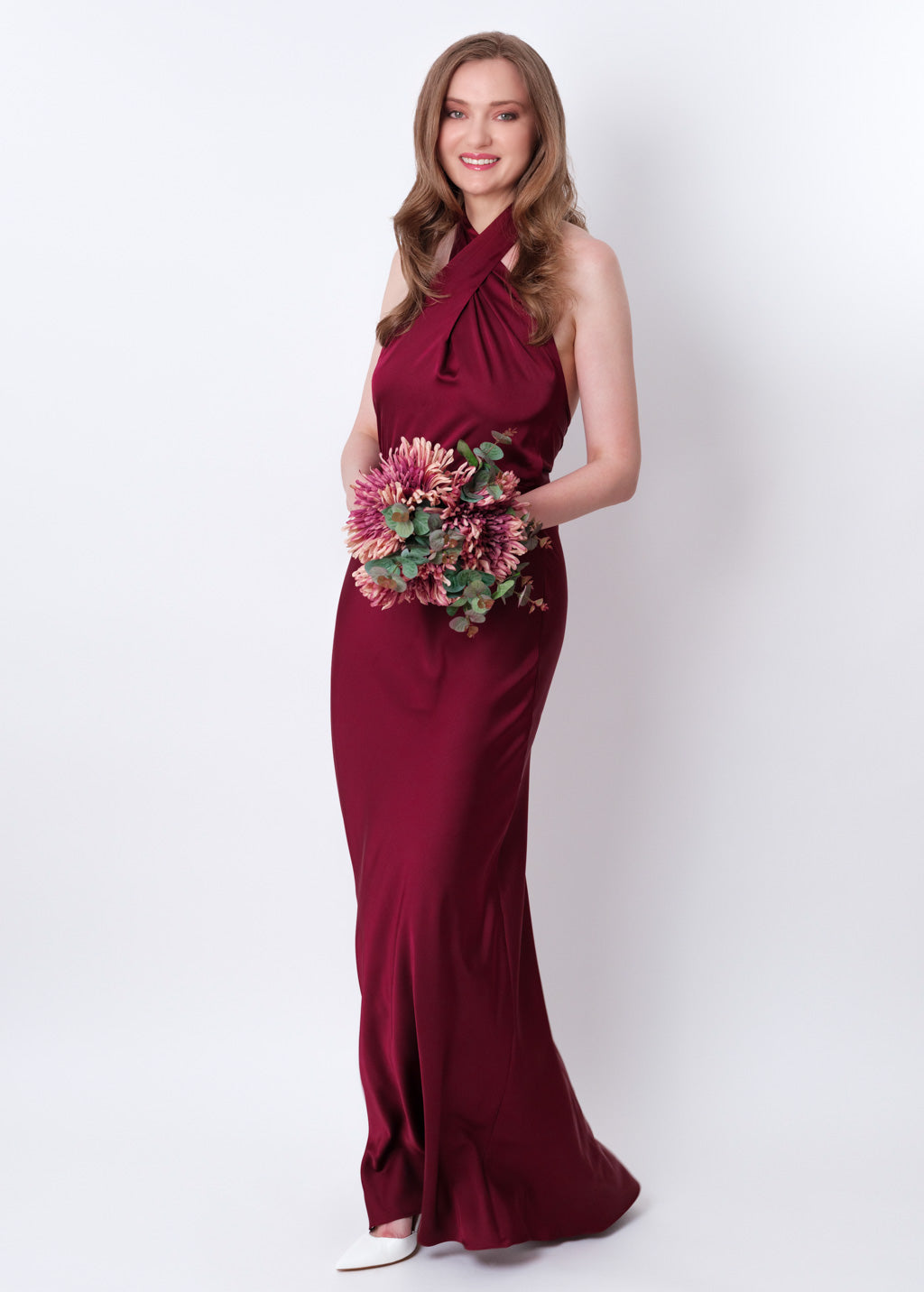 Burgundy silk long halter dress