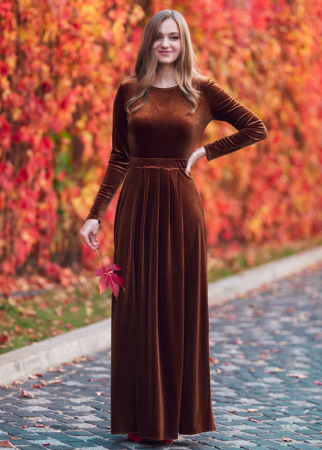 Rust gold velvet slit dress