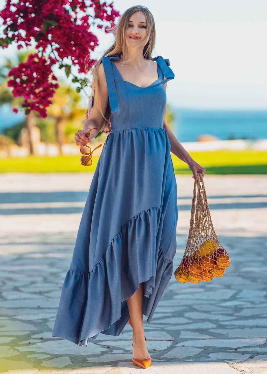 Blue cotton boho long summer dress