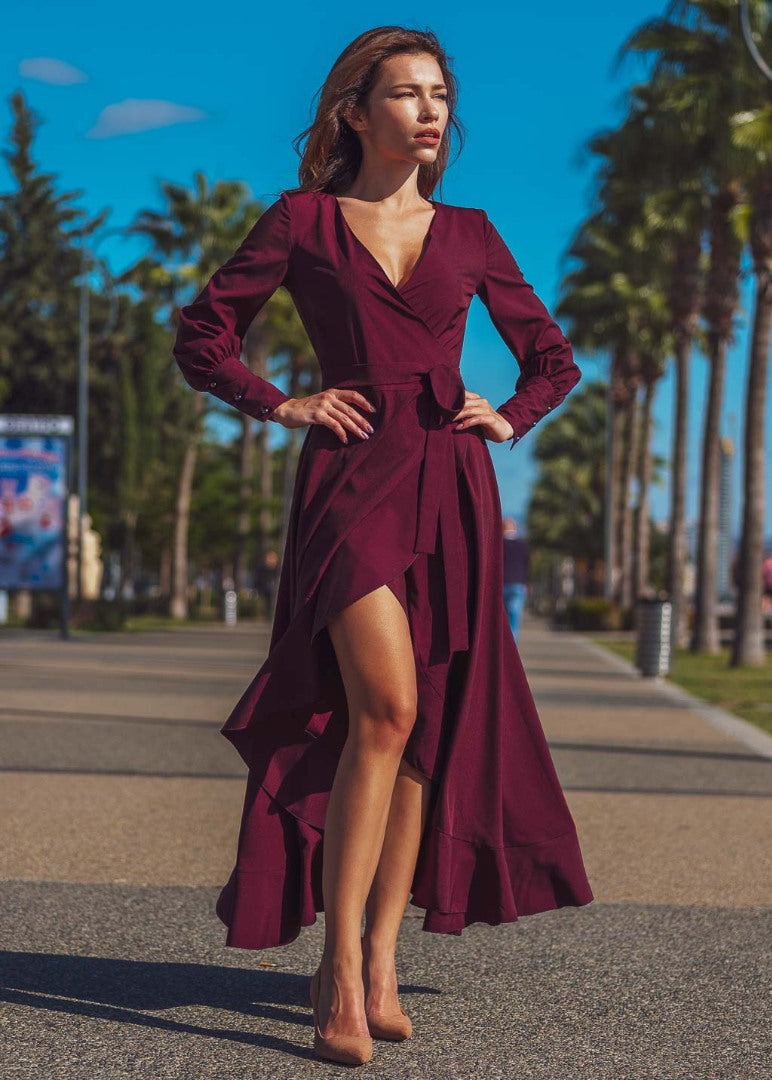 Dark burgundy long wrap dress