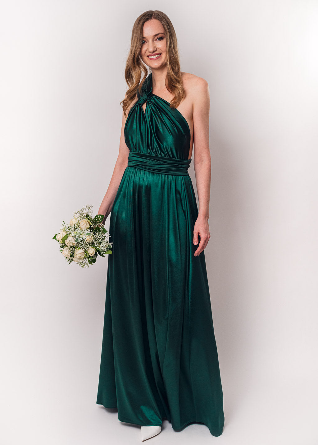 Dark green luxury satin infinity dress or jumpsuit