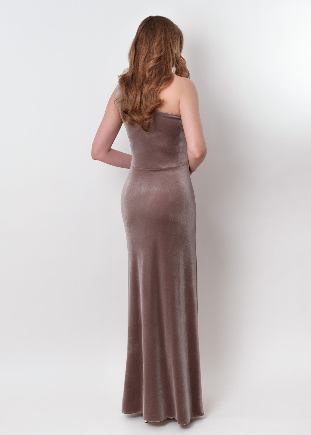 Taupe velvet one shoulder slit dress