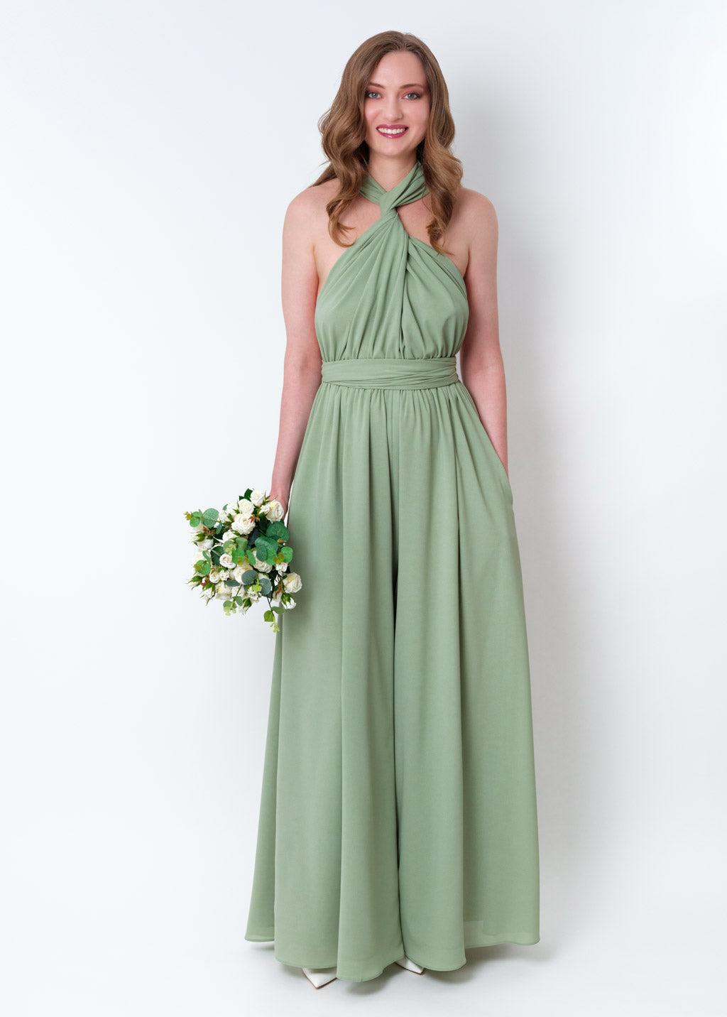 Sage green chiffon infinity jumpsuit