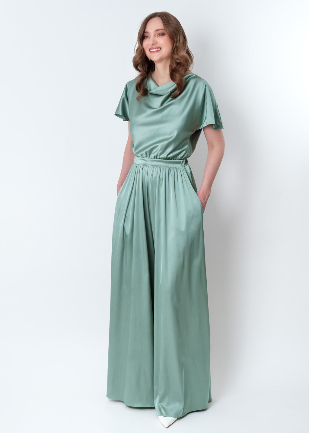 Sage green silk jumpsuit