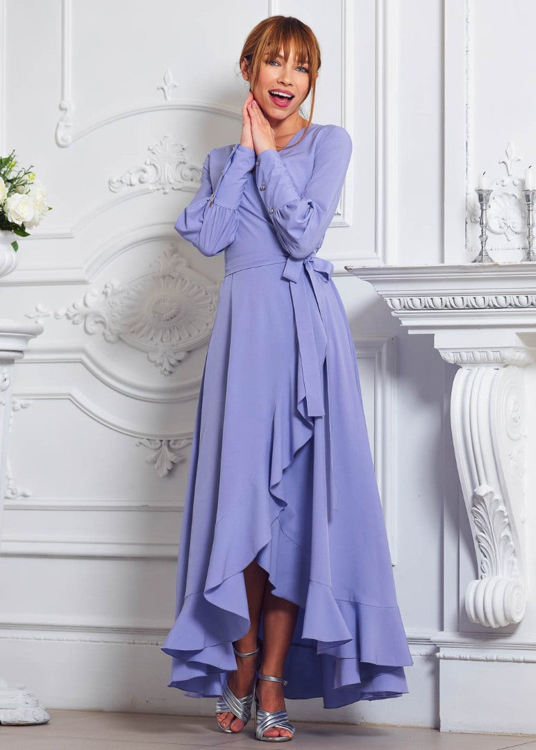 light purple wrap dress Standard / S Lavender Polka Dot Satin V-Neck Wrap Maxi Dress for Wedding Guests