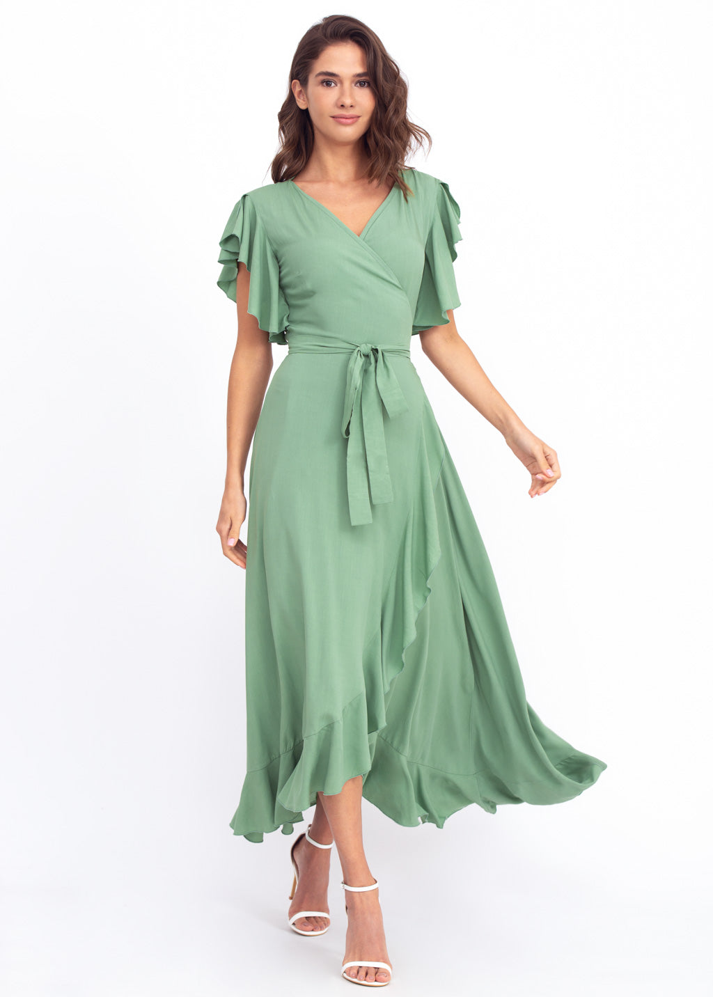 Sage green romantic wrap around dress