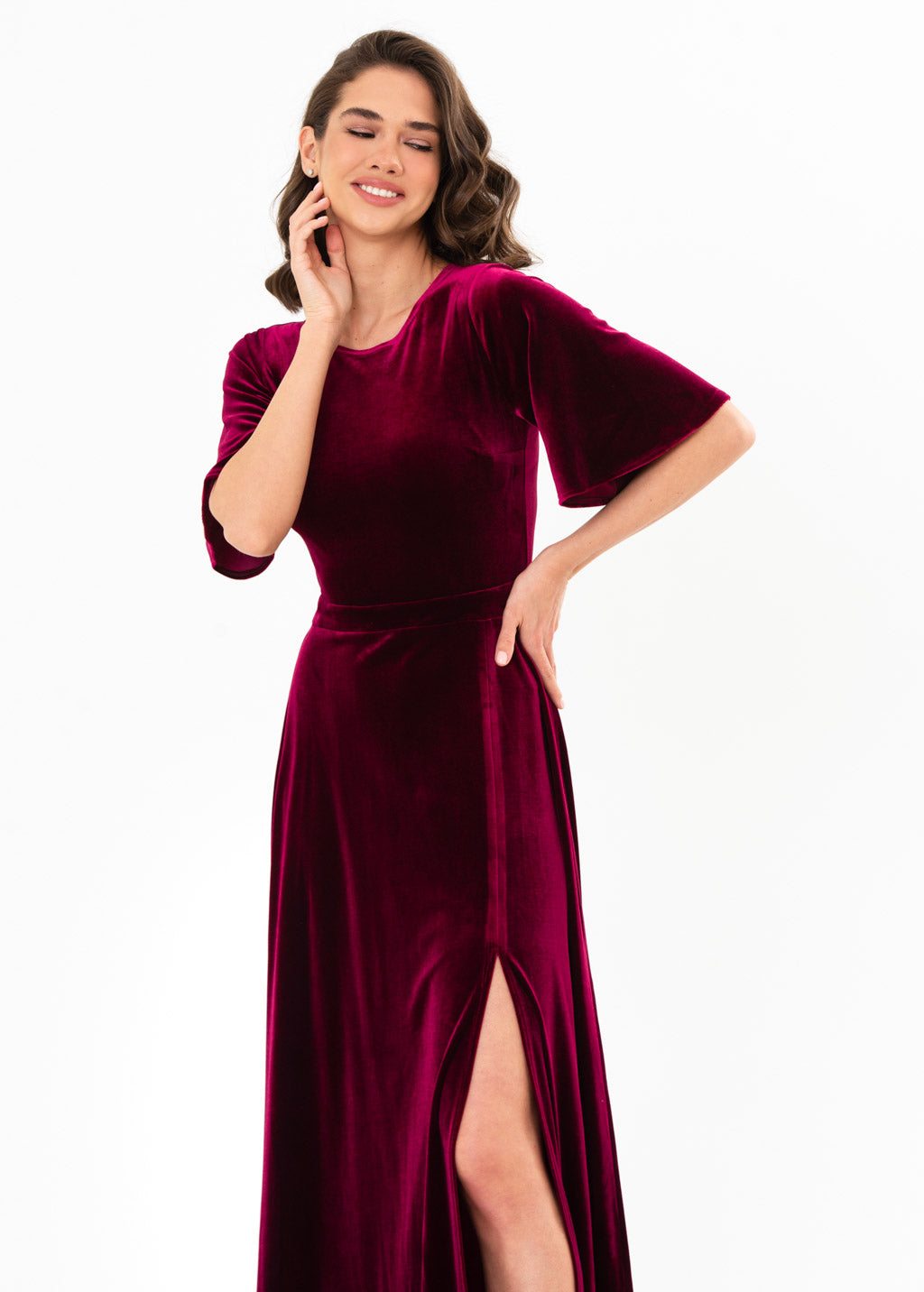 Plum burgundy velvet slit dress