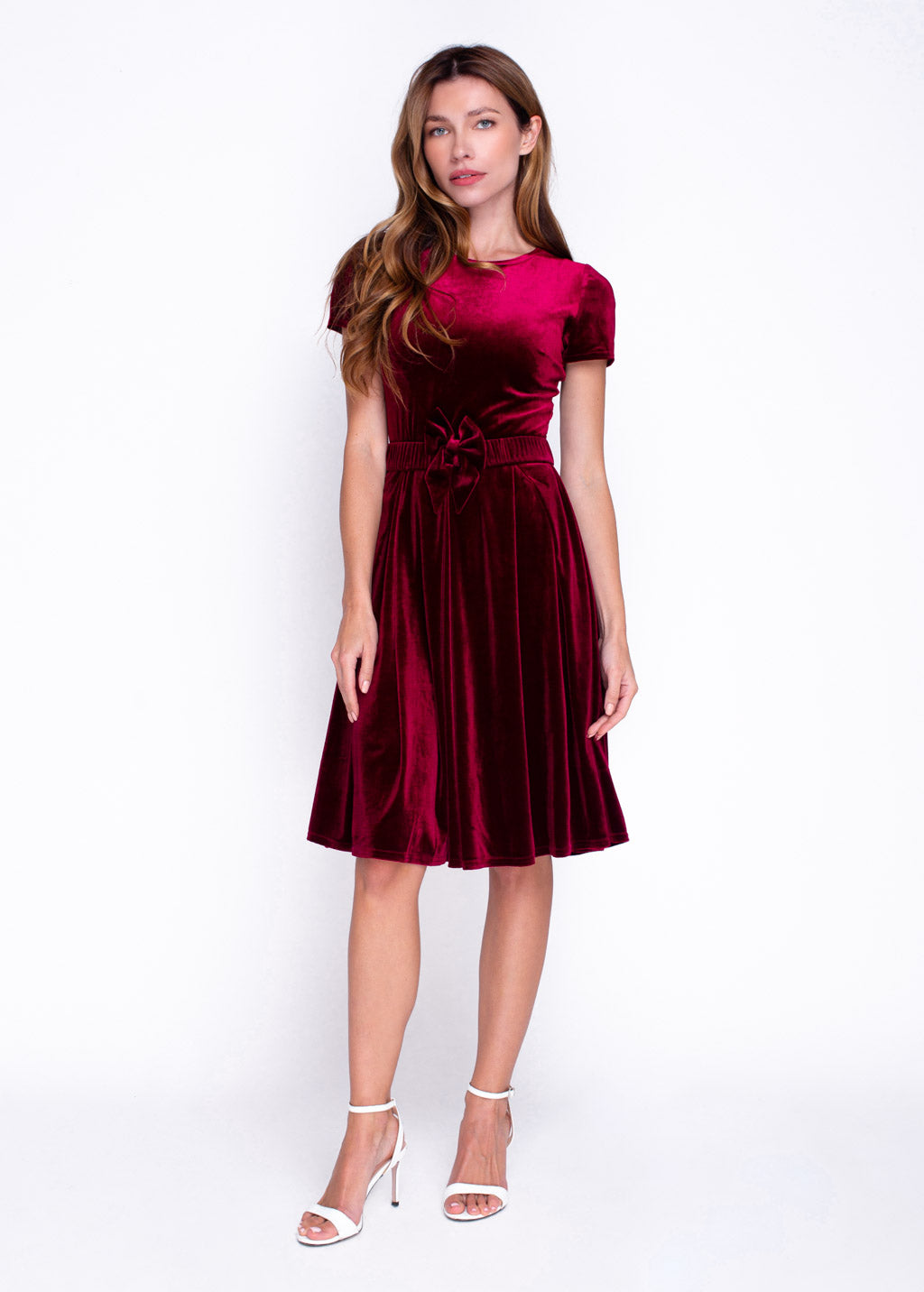 Burgundy velvet dress with belt