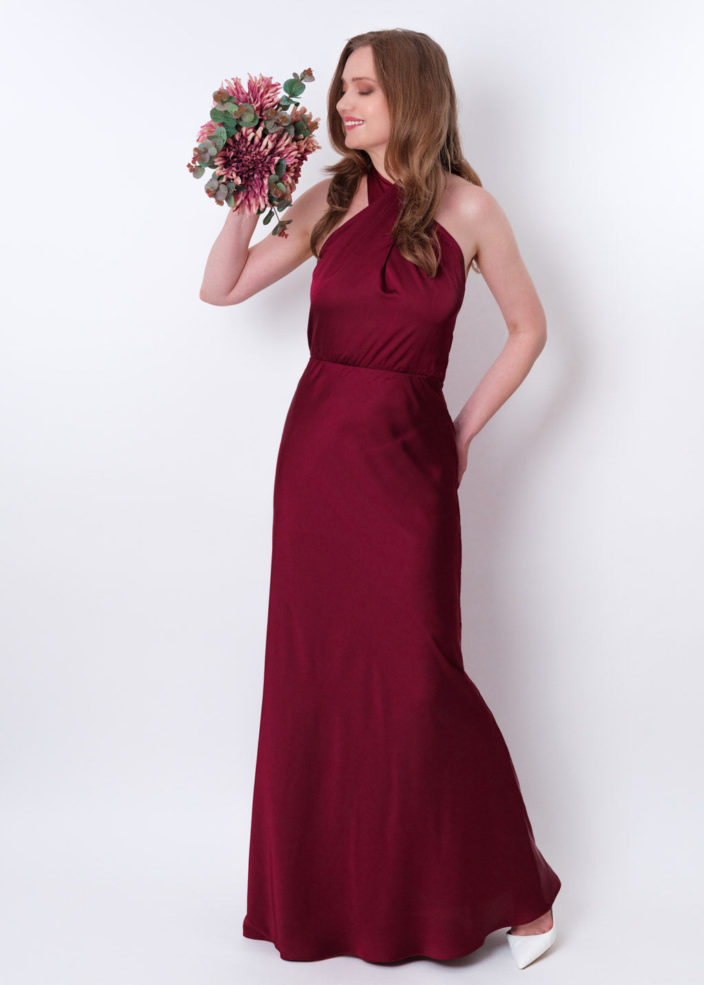 Burgundy silk long halter dress